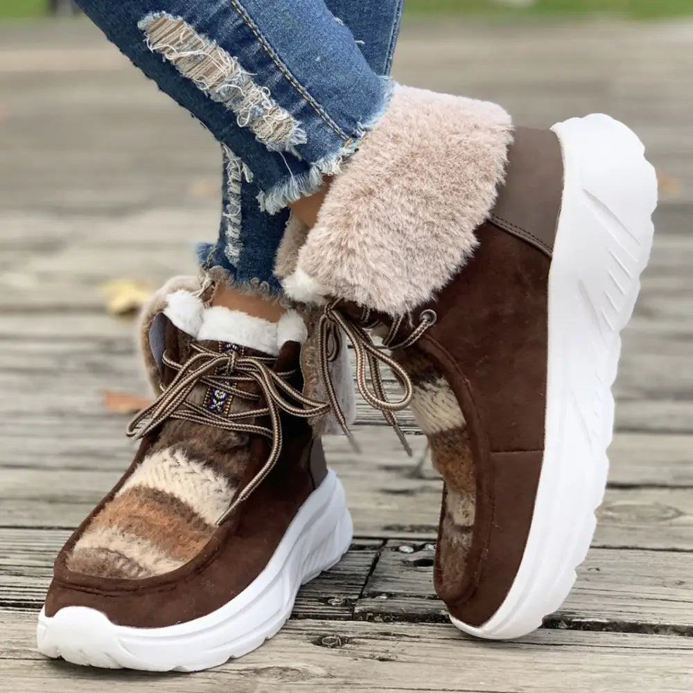 Lace-up Snow Boots Women's Fuzzy Mied-color Soft Sole Platform Thermal Lined Shoes Winter Non-slip Plush Boots Beyond Trends Hub