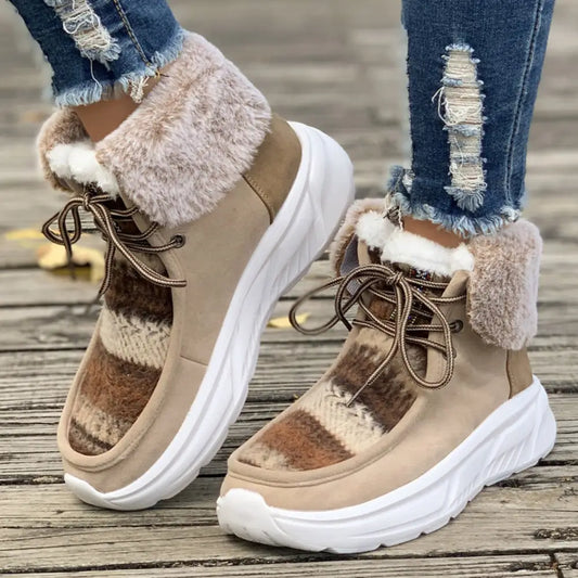 Lace-up Snow Boots Women's Fuzzy Mied-color Soft Sole Platform Thermal Lined Shoes Winter Non-slip Plush Boots Beyond Trends Hub