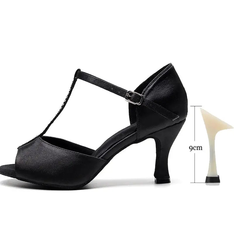 Ladies Buckle Latin Dance Shoes - Black / 7.5cm / 35