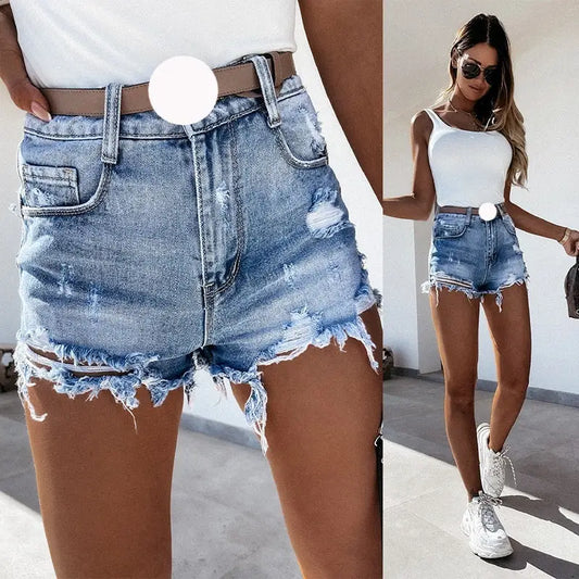 Ladies High Waist Ripped Washed Tassel Sexy Slim Fit Slimming Denim Shorts Beyond Trends Hub
