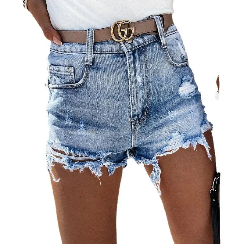 Ladies High Waist Ripped Washed Tassel Sexy Slim Fit Slimming Denim Shorts Beyond Trends Hub
