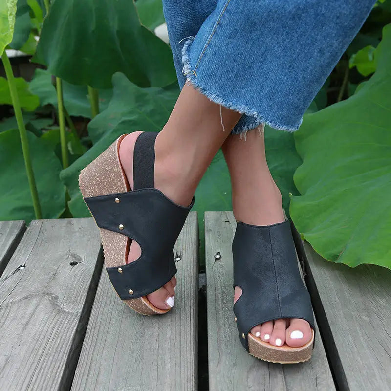 Ladies Sandals High Heel Fish Mouth Handmade Shoes Retro - Black / 35