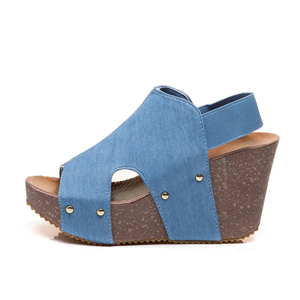 Ladies Sandals High Heel Fish Mouth Handmade Shoes Retro - Denim Blue / 35