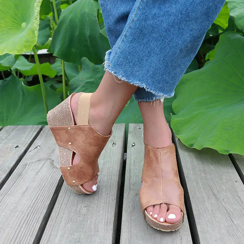 Ladies Sandals High Heel Fish Mouth Handmade Shoes Retro - Khaki / 35