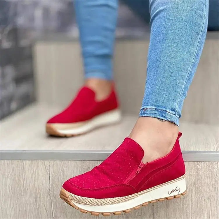 Ladies Solid Color Casual Round Toe Solid Color Soft Flat Canvas Shoes - Red / 35