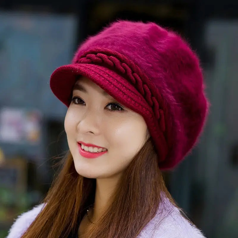 Ladies winter knitted beret - Wine Red