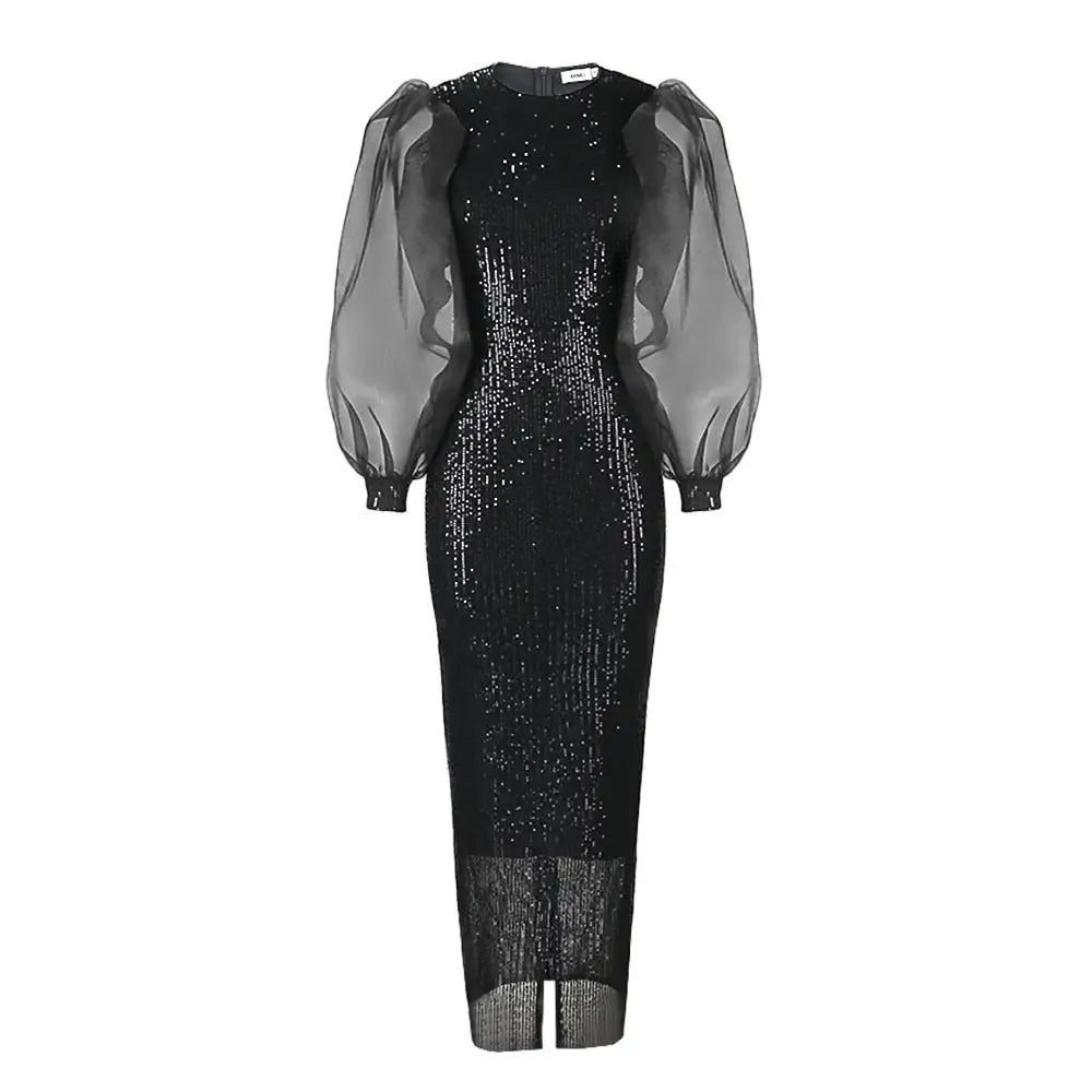 Lantern Sleeves Stretch Sequin Party Mid-length Dresses For Women - Black / 2XL