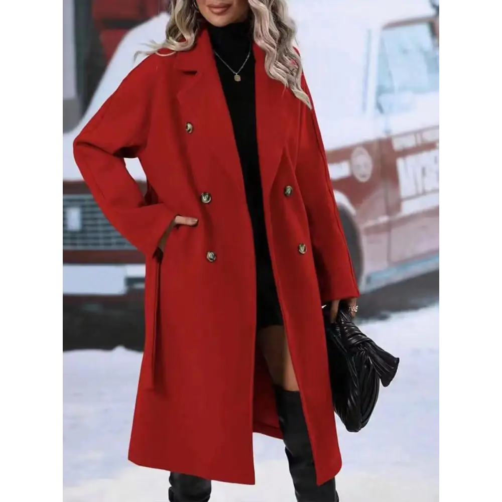 Lapel Double-breasted Trench Coat With Belt Winter Fashion Solid Color Long Jacket Outwear Women Clothing