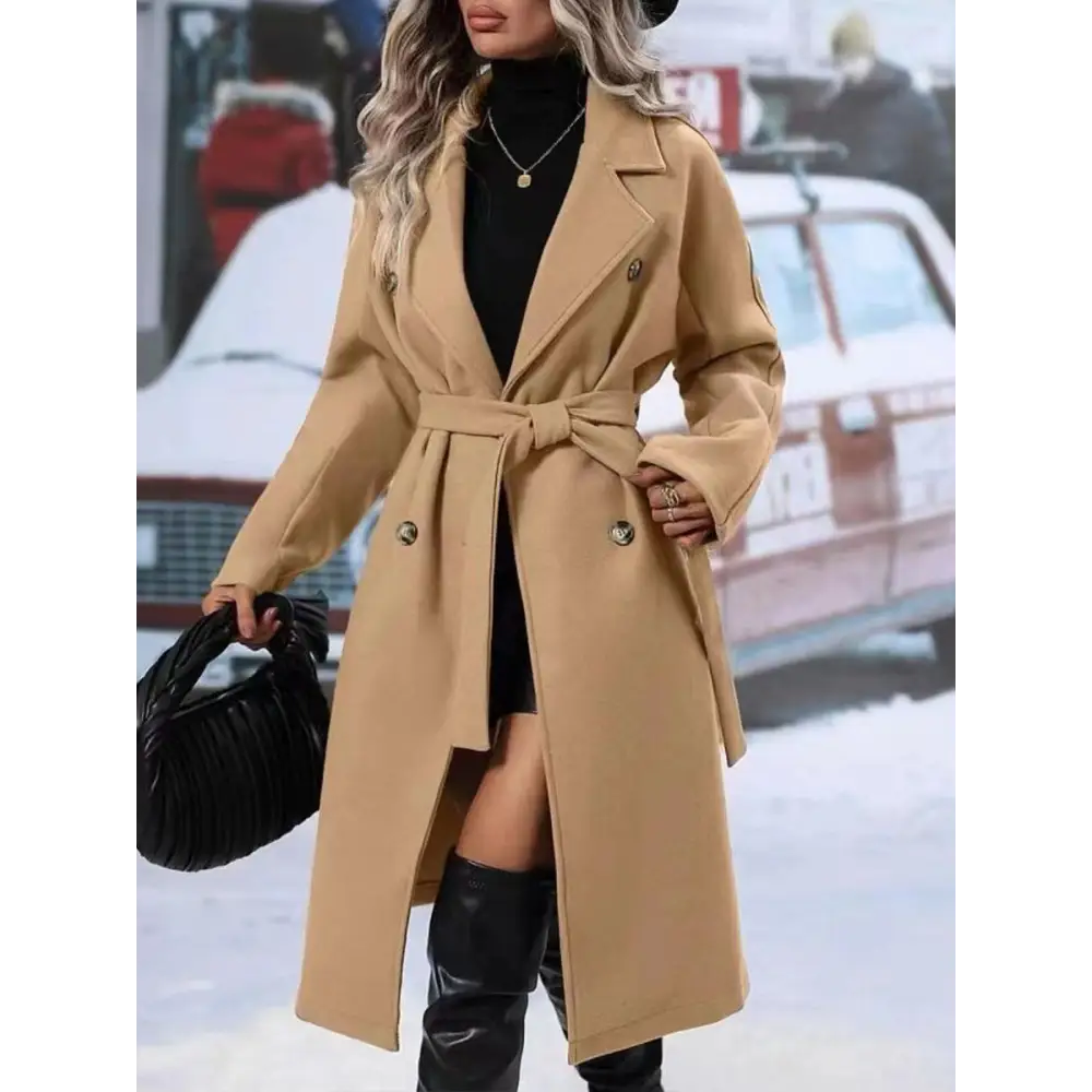 Lapel Double-breasted Trench Coat With Belt Winter Fashion Solid Color Long Jacket Outwear Women Clothing