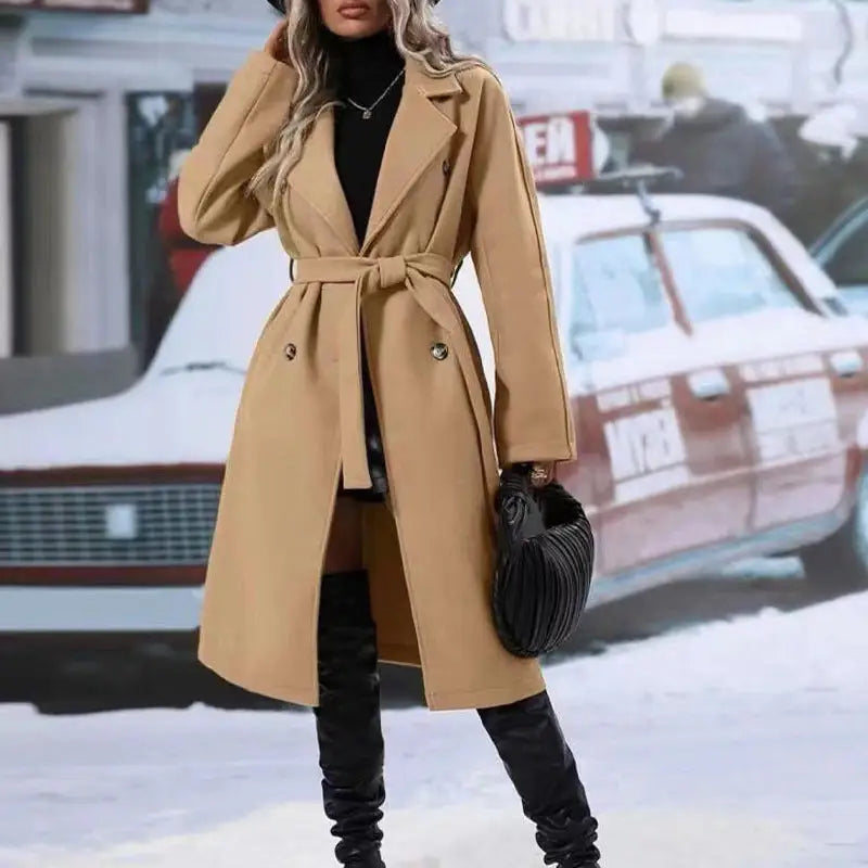 Lapel Double-breasted Trench Coat With Belt Winter Fashion Solid Color Long Jacket Outwear Women Clothing - Khaki / L