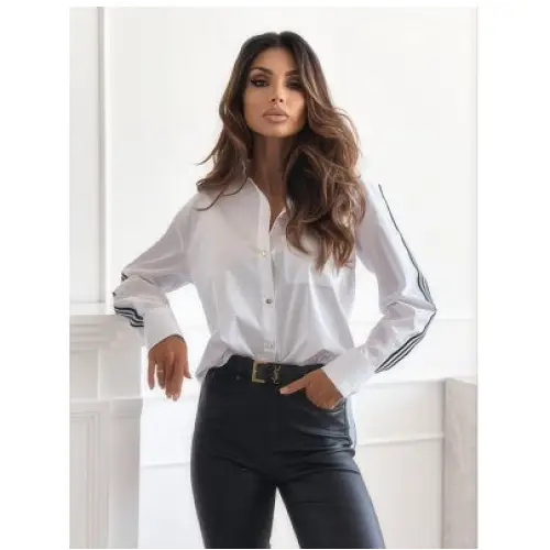 Lapel Long Sleeve Side Striped Shirt For Women