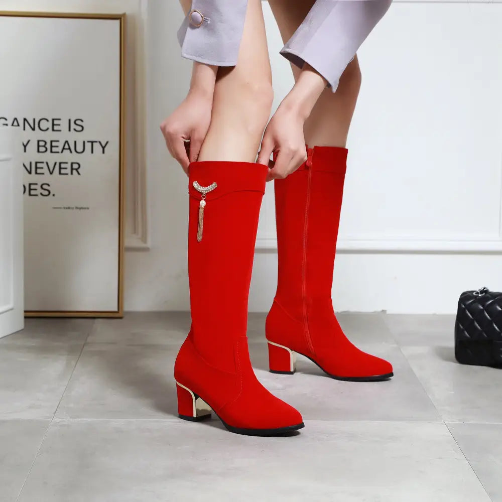 Large And Small Size Women's Suede Boots Metal Rhinestone Pendant Thick High Heel Side Zipper Beyond Trends Hub