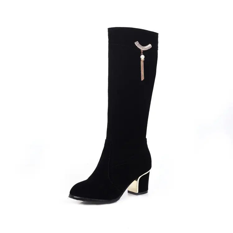 Large And Small Size Women's Suede Boots Metal Rhinestone Pendant Thick High Heel Side Zipper Beyond Trends Hub