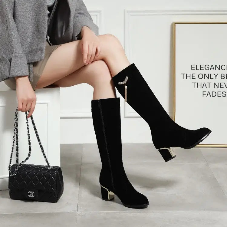Large And Small Size Women's Suede Boots Metal Rhinestone Pendant Thick High Heel Side Zipper Beyond Trends Hub