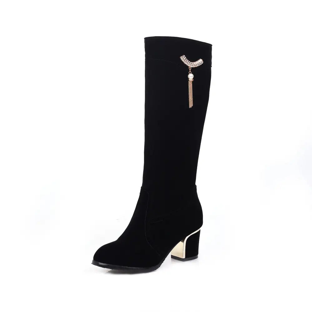 Large And Small Size Women's Suede Boots Metal Rhinestone Pendant Thick High Heel Side Zipper Beyond Trends Hub