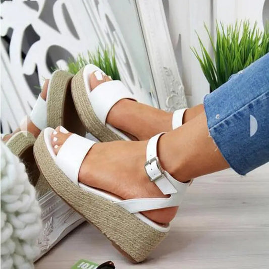 Large Size Buckle Shoes Flat Hemp Rope Ladies Sandals - White / 35