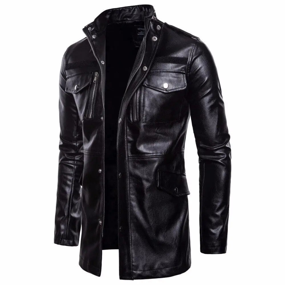 Large size stand-up collar men’s leather jacket