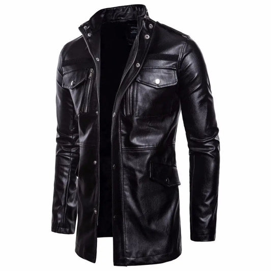 Large size stand-up collar men’s leather jacket
