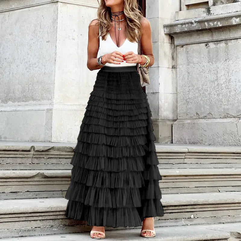 Layered Ruffles Cake Skirt Summer Fashion A Line Swing Mesh Long Skirt Party Dress Women Beyond Trends Hub