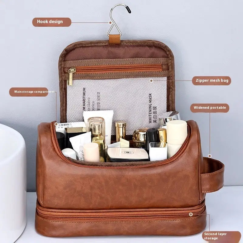 Leather Cosmetics Storage Bag Travel Toiletry Bag Portable Men's Business Simplicity Portable With Hook Beyond Trends Hub