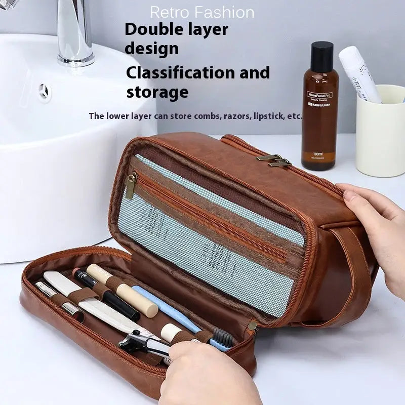 Leather Cosmetics Storage Bag Travel Toiletry Bag Portable Men's Business Simplicity Portable With Hook Beyond Trends Hub
