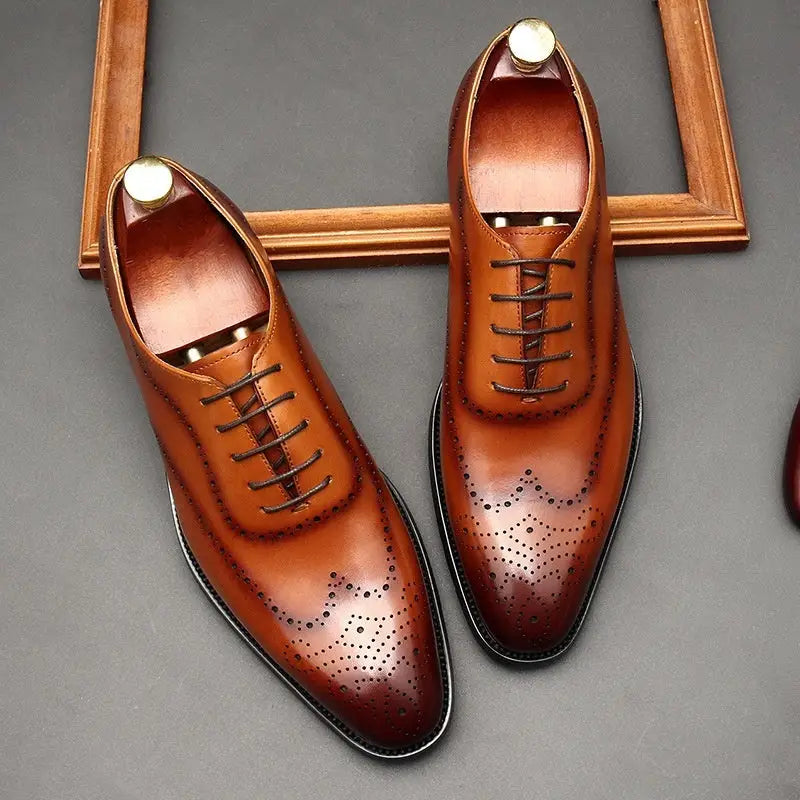 Leather Shoes Men’s British Pointed Toe Business Formal Wear Lace-up Shoes Men