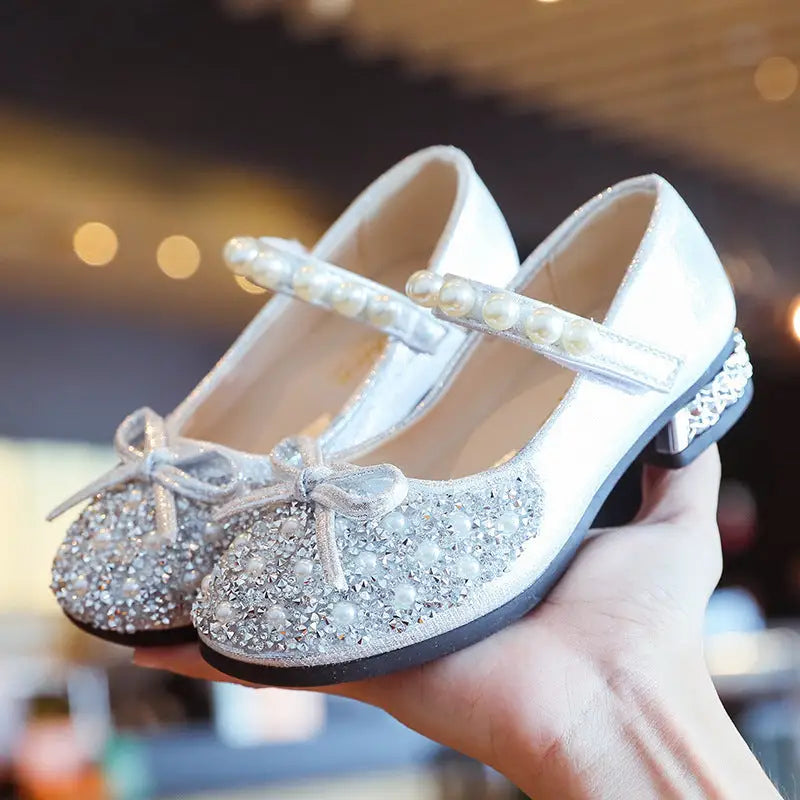 Leather Shoes Soft Sole Aisha Princess Shoes Children Crystal Shoes Flashing Baby Shoes - Silver / 26