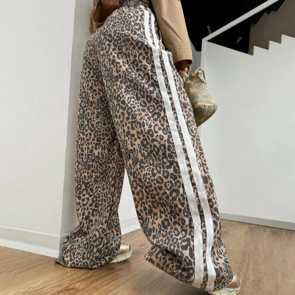 Leopard Print Mop Pants Women's Retro Side Striped Loose Wide-leg Pants Beyond Trends Hub