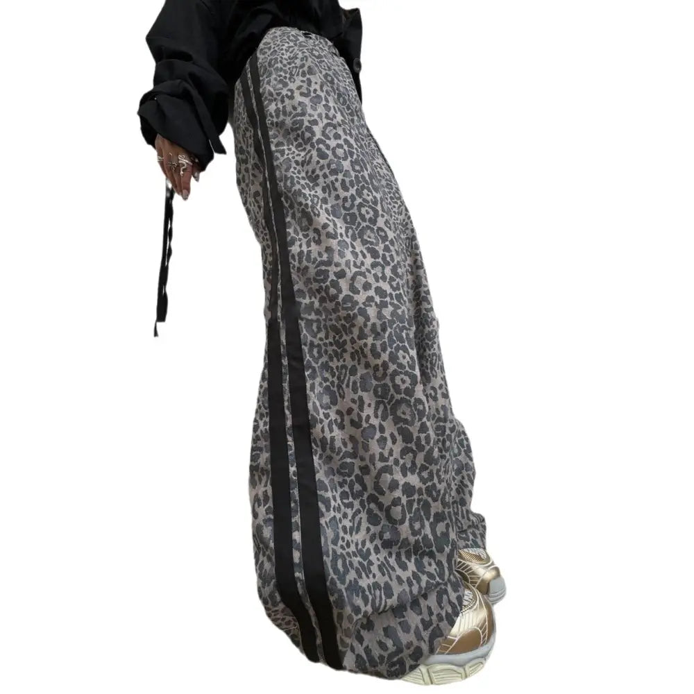 Leopard Print Mop Pants Women's Retro Side Striped Loose Wide-leg Pants Beyond Trends Hub