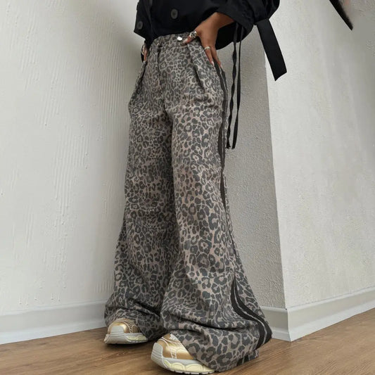 Leopard Print Mop Pants Women's Retro Side Striped Loose Wide-leg Pants Beyond Trends Hub