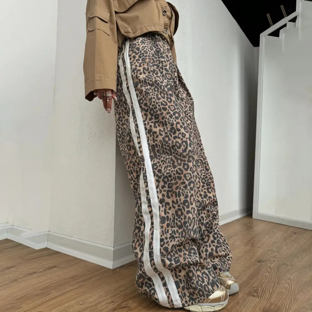 Leopard Print Mop Pants Women's Retro Side Striped Loose Wide-leg Pants Beyond Trends Hub