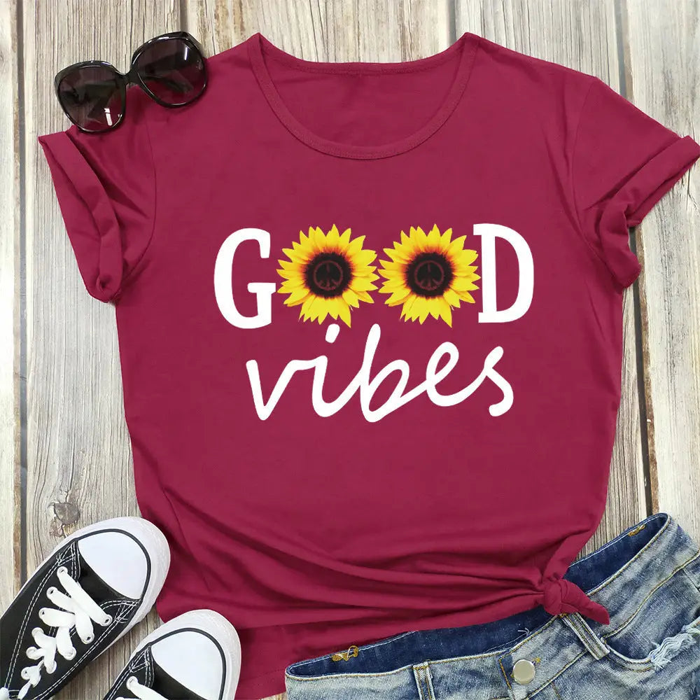 Letter Sunflower Print Ladies Short Sleeve O Neck Loose T Shirt Summer Ladies Beyond Trends Hub