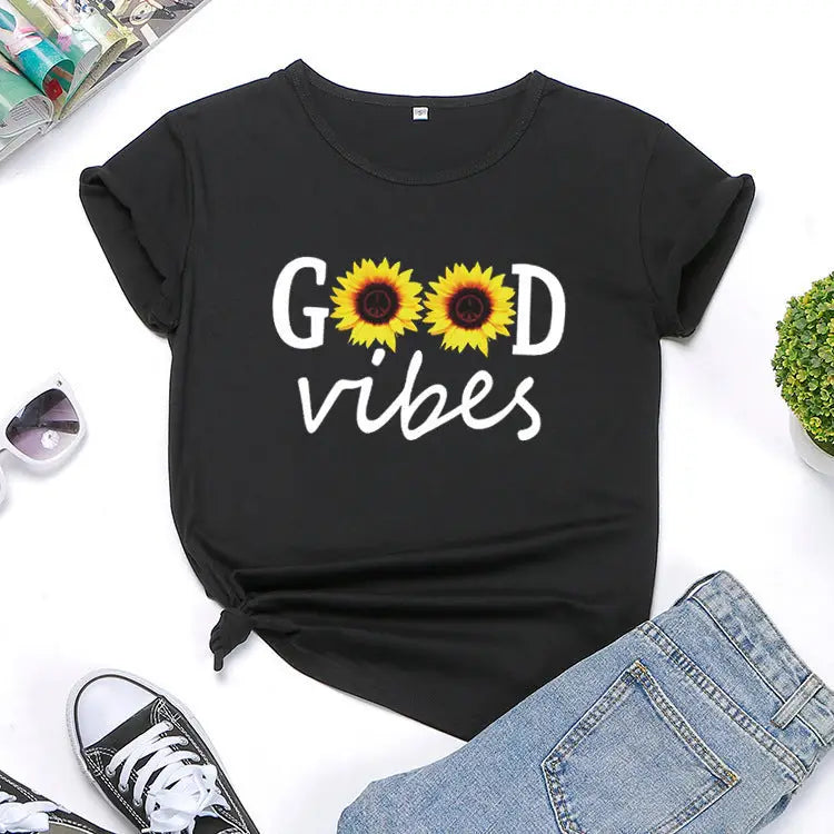 Letter Sunflower Print Ladies Short Sleeve O Neck Loose T Shirt Summer Ladies Beyond Trends Hub