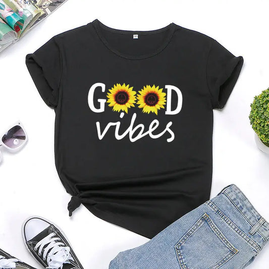 Letter Sunflower Print Ladies Short Sleeve O Neck Loose T Shirt Summer Ladies Beyond Trends Hub