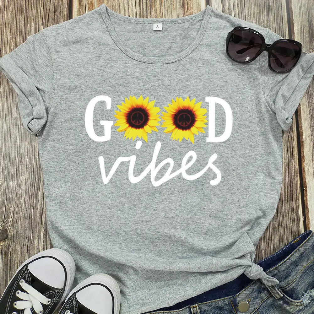Letter Sunflower Print Ladies Short Sleeve O Neck Loose T Shirt Summer Ladies Beyond Trends Hub