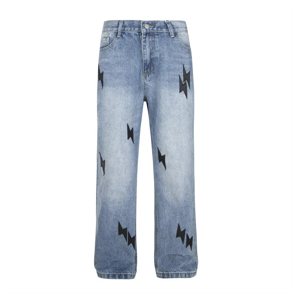 Lightning Embroidered Denim Trousers Men - Black With Lightning Pattern / S