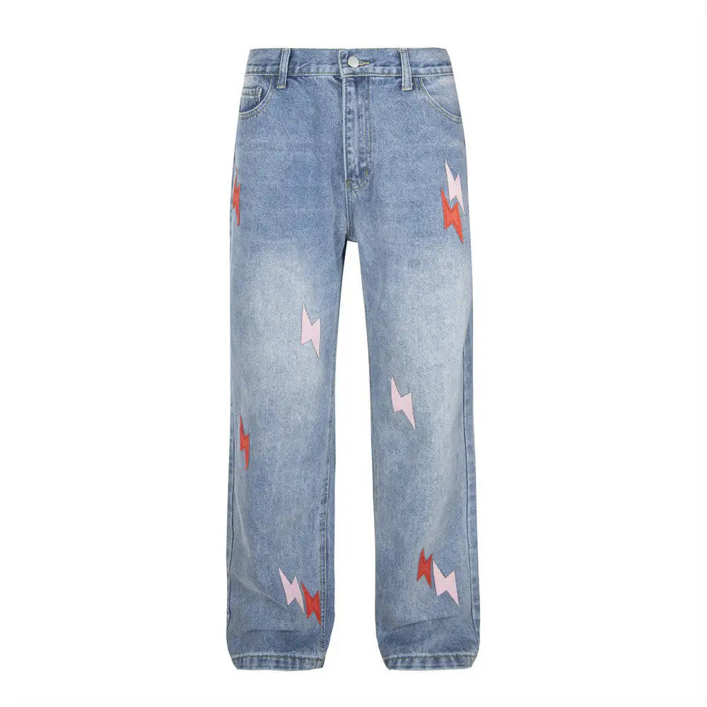 Lightning Embroidered Denim Trousers Men - Lightning Pink / S