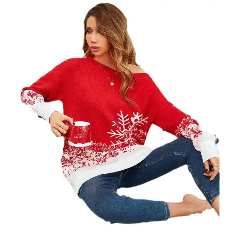 Little Snowflake Christmas Sweater Casual Off-the-shoulder Sweater Women Beyond Trends Hub