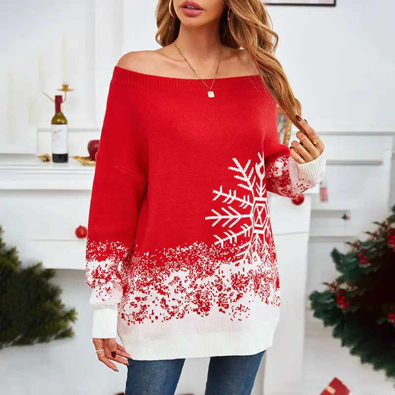 Little Snowflake Christmas Sweater Casual Off-the-shoulder Sweater Women Beyond Trends Hub