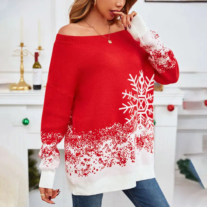 Little Snowflake Christmas Sweater Casual Off-the-shoulder Sweater Women Beyond Trends Hub