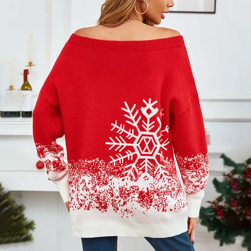 Little Snowflake Christmas Sweater Casual Off-the-shoulder Sweater Women Beyond Trends Hub