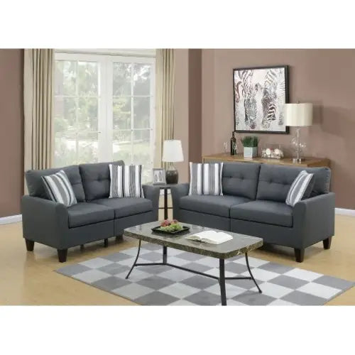 Living Room Furniture 2pc Sofa Set Sofa And Loveseat Charcoal Glossy Polyfiber Plywood Solid Pine - Charcoal grey - 5