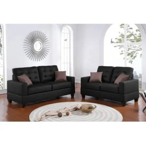 Living Room Furniture 2pc Sofa Set Black Faux Leather Tufted Sofa Loveseat W Pillows Cushion Couch - Black - 5