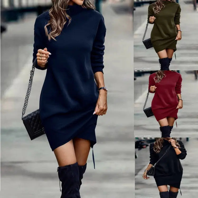 Long Sleeve Dress Solid Color High Neck Cross Short Dress Womens Clothing Beyond Trends Hub