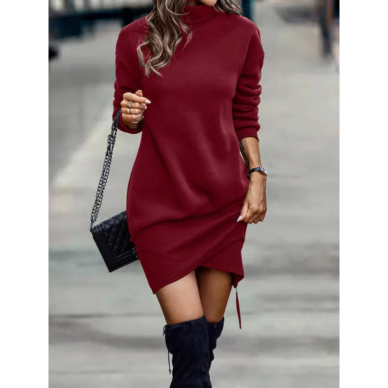 Long Sleeve Dress Solid Color High Neck Cross Short Dress Womens Clothing Beyond Trends Hub