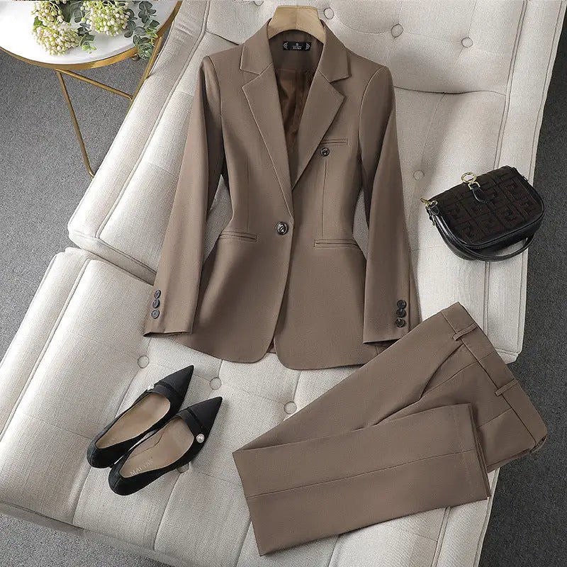 Long Sleeve Professional Women’s Suit Trousers Formal Suit - Brown Set / S