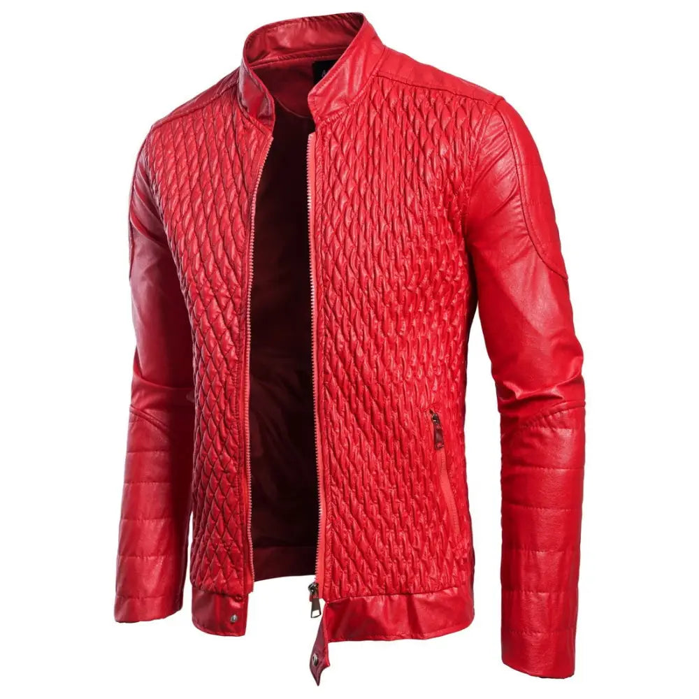 Long Sleeve Zipper Cardigan Jacket Leather Jacket Leather Coat - Red / S