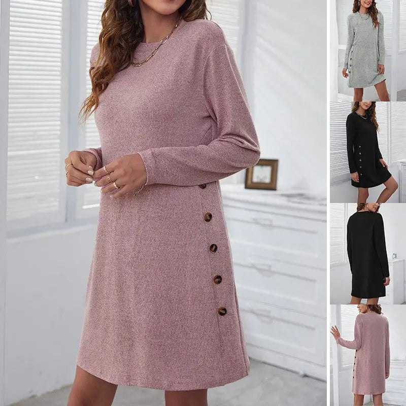 Long-sleeved Round-neck Straight Dress Fashion Casual Loose Solid Color Dress For Women Fall Spring Clothing Beyond Trends Hub