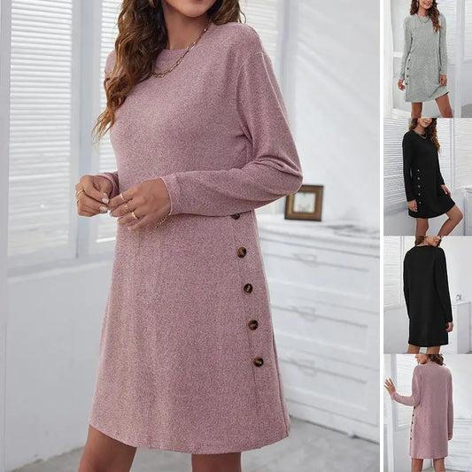 Long-sleeved Round-neck Straight Dress Fashion Casual Loose Solid Color Dress For Women Fall Spring Clothing Beyond Trends Hub