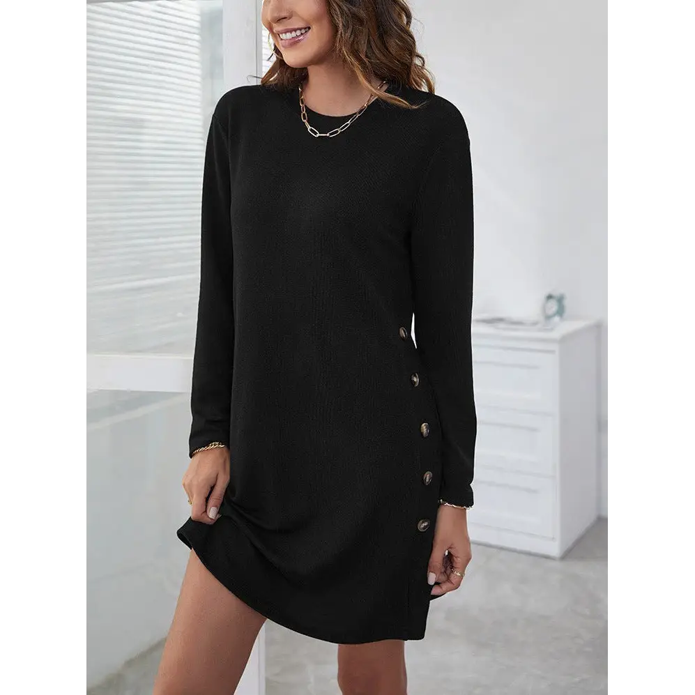 Long-sleeved Round-neck Straight Dress Fashion Casual Loose Solid Color Dress For Women Fall Spring Clothing Beyond Trends Hub
